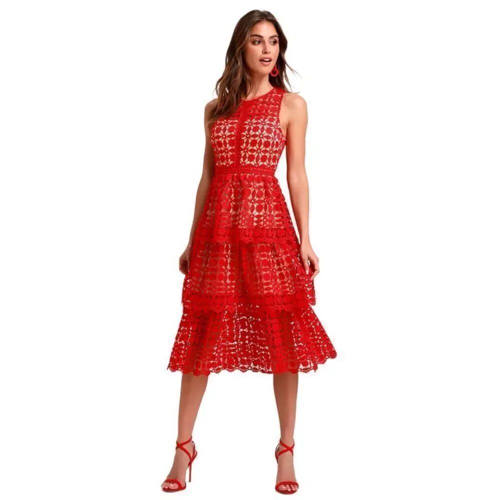 Ryan Michelle Orange Crochet Nude Illusion Dress Sz S